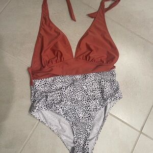 Chic Coral and Black & White Spotted Swimsuit